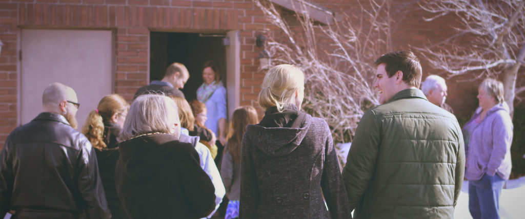 Sandy Ridge Church congregants gather on Sunday morning just outside Salt Lake City, Utah.